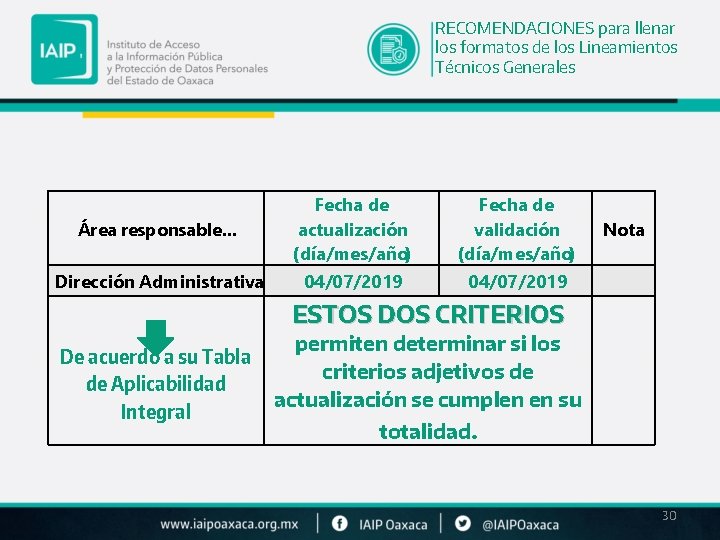 RECOMENDACIONES para llenar los formatos de los Lineamientos Técnicos Generales Área responsable… Fecha de