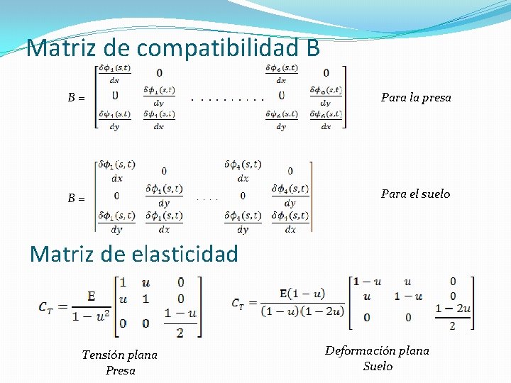 Matriz de compatibilidad B B= Para la presa B= Para el suelo Matriz de
