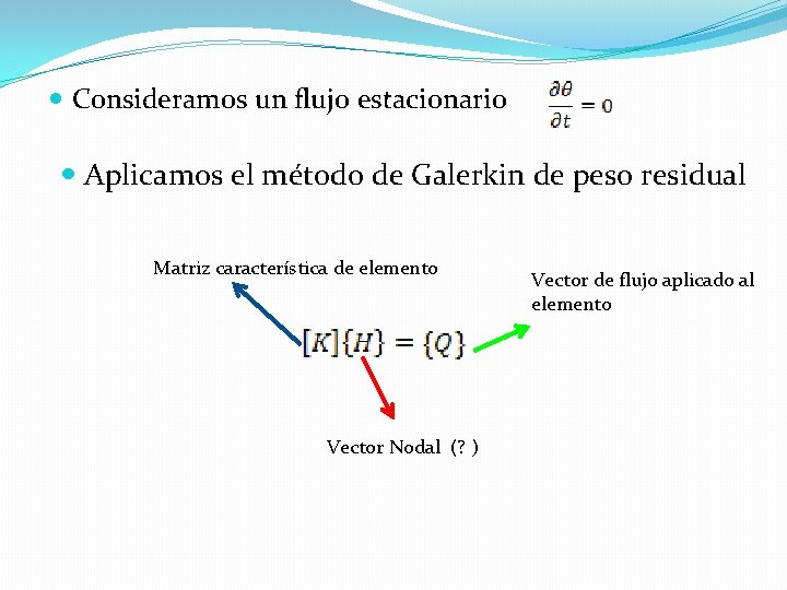  Consideramos un flujo estacionario Aplicamos el método de Galerkin de peso residual Matriz