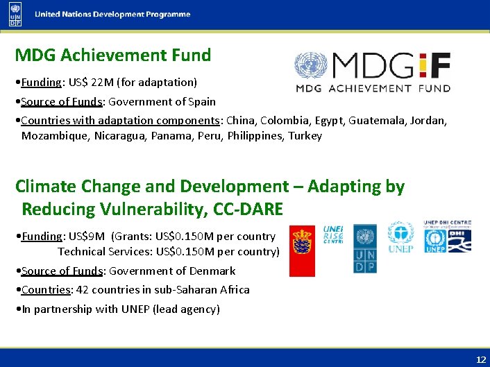 MDG Achievement Fund • Funding: US$ 22 M (for adaptation) • Source of Funds: