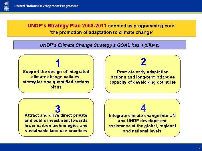 UNDP’s Strategy Plan 2008 -2011 adopted as programming core: ‘the promotion of adaptation to