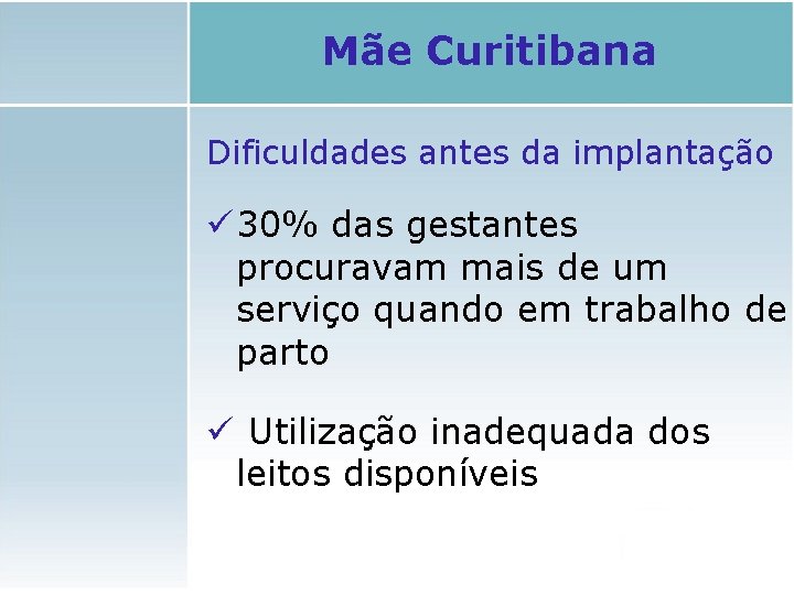 Mãe Curitibana Dificuldades antes da implantação ü 30% das gestantes procuravam mais de um