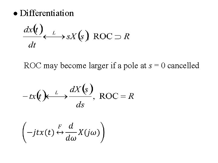 l Differentiation ROC may become larger if a pole at s = 0 cancelled l Differentiation ROC may become larger if a pole at s = 0 cancelled