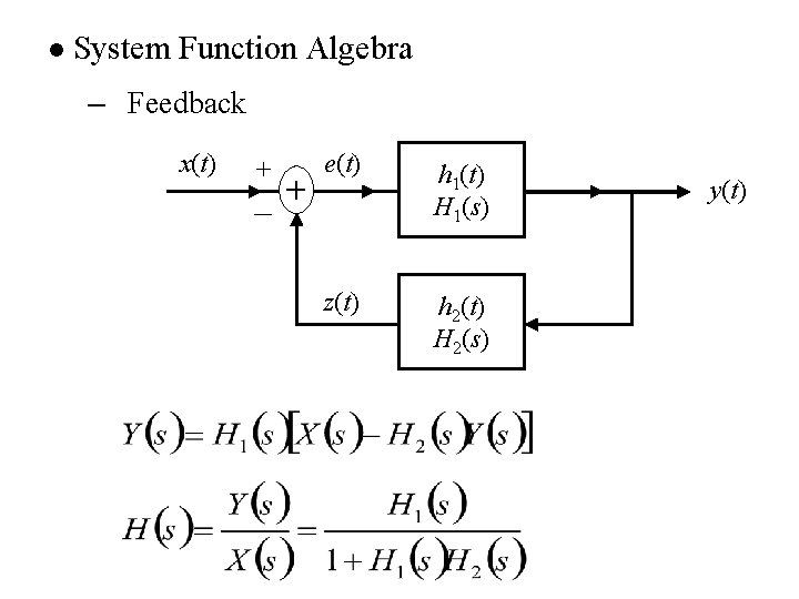 l System Function Algebra – Feedback x(t) + - + e(t) h 1(t) H l System Function Algebra – Feedback x(t) + - + e(t) h 1(t) H