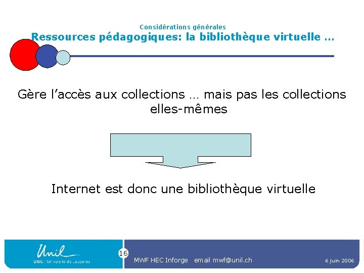 Considérations générales Ressources pédagogiques: la bibliothèque virtuelle … Gère l’accès aux collections … mais