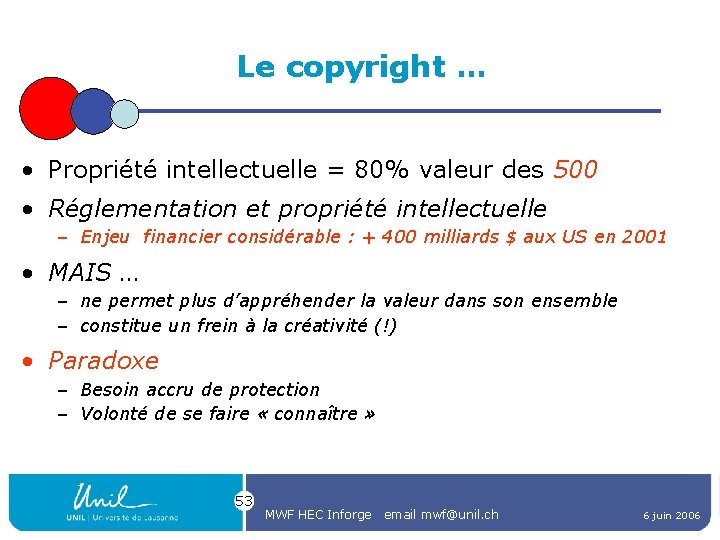 Le copyright … • Propriété intellectuelle = 80% valeur des 500 • Réglementation et