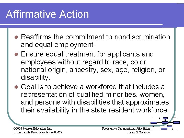 Affirmative Action Reaffirms the commitment to nondiscrimination and equal employment. l Ensure equal treatment