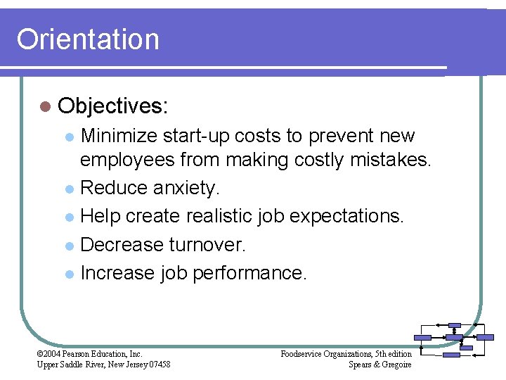 Orientation l Objectives: Minimize start-up costs to prevent new employees from making costly mistakes.