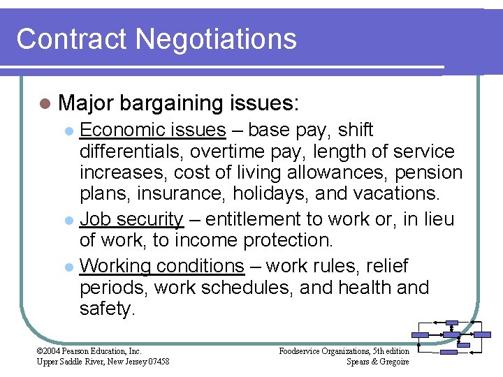 Contract Negotiations l Major bargaining issues: Economic issues – base pay, shift differentials, overtime