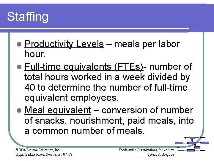 Staffing l Productivity Levels – meals per labor hour. l Full-time equivalents (FTEs)- number