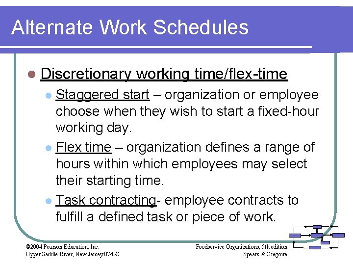 Alternate Work Schedules l Discretionary working time/flex-time Staggered start – organization or employee choose