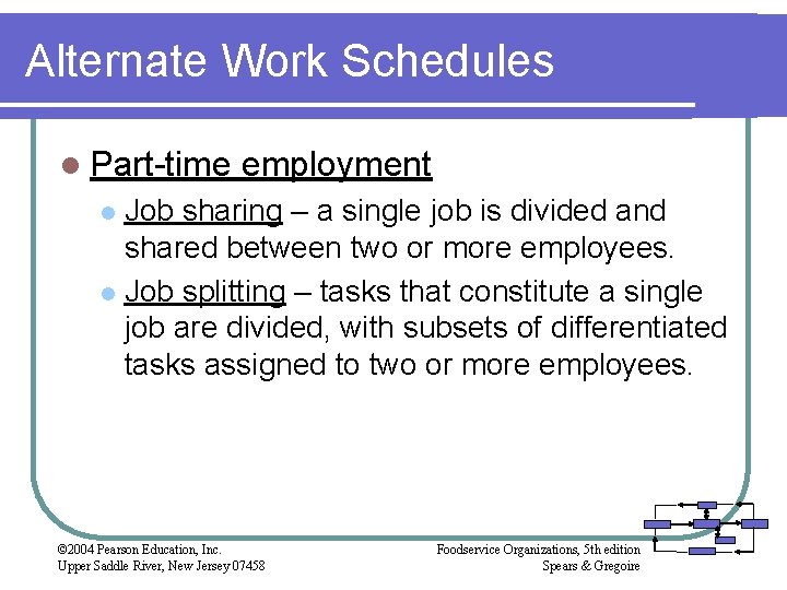 Alternate Work Schedules l Part-time employment Job sharing – a single job is divided