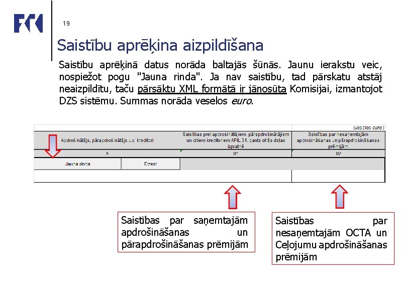 19 Saistību aprēķina aizpildīšana Saistību aprēķinā datus norāda baltajās šūnās. Jaunu ierakstu veic, nospiežot