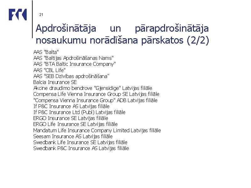 21 Apdrošinātāja un pārapdrošinātāja nosaukumu norādīšana pārskatos (2/2) AAS "Balta" AAS "Baltijas Apdrošināšanas Nams"