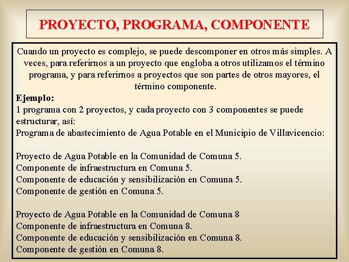 PROYECTO, PROGRAMA, COMPONENTE Cuando un proyecto es complejo, se puede descomponer en otros más