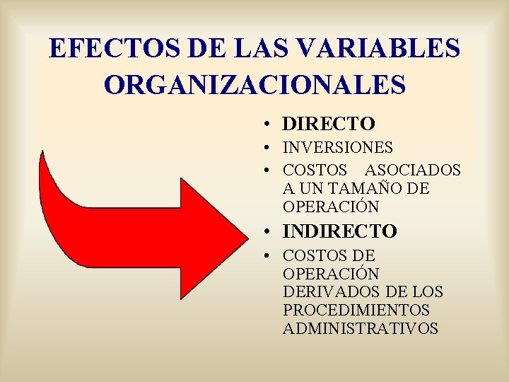 EFECTOS DE LAS VARIABLES ORGANIZACIONALES • DIRECTO • INVERSIONES • COSTOS ASOCIADOS A UN