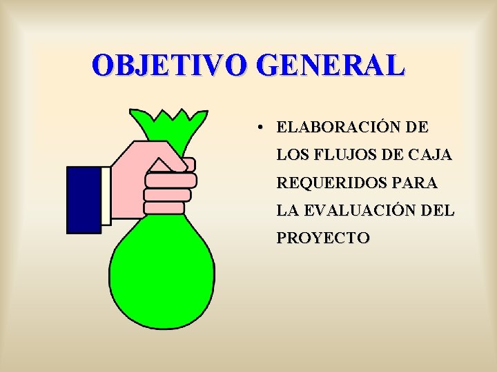 OBJETIVO GENERAL • ELABORACIÓN DE LOS FLUJOS DE CAJA REQUERIDOS PARA LA EVALUACIÓN DEL