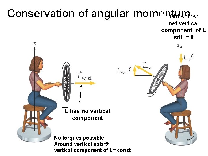 Conservation of angular momentum Girl spins: net vertical component of L still = 0