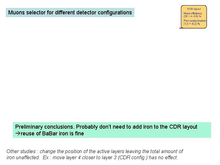 Muons selector for different detector configurations Preliminary conclusions. Probably don’t need to add iron Muons selector for different detector configurations Preliminary conclusions. Probably don’t need to add iron
