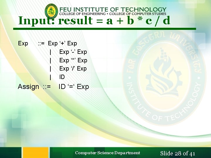 Input: result = a + b * c / d Exp : : =