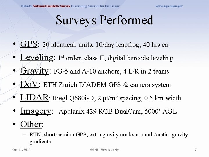 Surveys Performed • • GPS: 20 identical. units, 10/day leapfrog, 40 hrs ea. Leveling: Surveys Performed • • GPS: 20 identical. units, 10/day leapfrog, 40 hrs ea. Leveling: