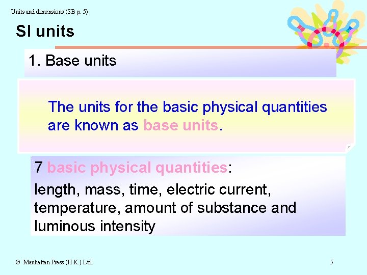 Units and dimensions (SB p. 5) SI units 1. Base units The units for