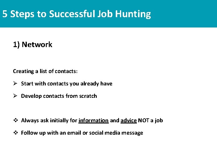 5 Steps to Successful Job Hunting 1) Network Creating a list of contacts: Ø 5 Steps to Successful Job Hunting 1) Network Creating a list of contacts: Ø