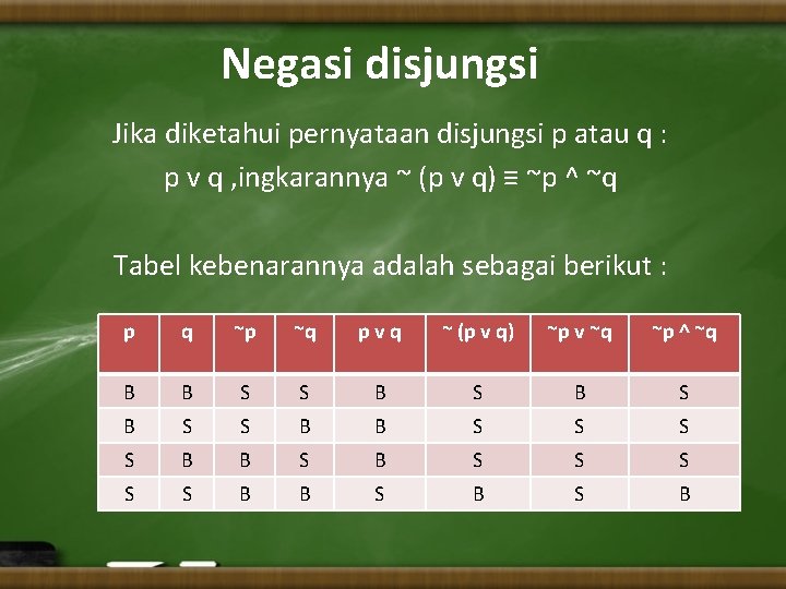 Negasi disjungsi Jika diketahui pernyataan disjungsi p atau q : p v q ,