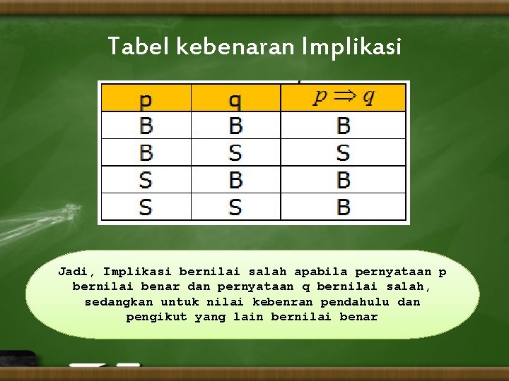 Tabel kebenaran Implikasi Jadi, Implikasi bernilai salah apabila pernyataan p bernilai benar dan pernyataan