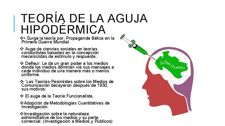 TEORÍA DE LA AGUJA HIPODÉRMICA v • Surge la teoría por: Propaganda Bélica en TEORÍA DE LA AGUJA HIPODÉRMICA v • Surge la teoría por: Propaganda Bélica en