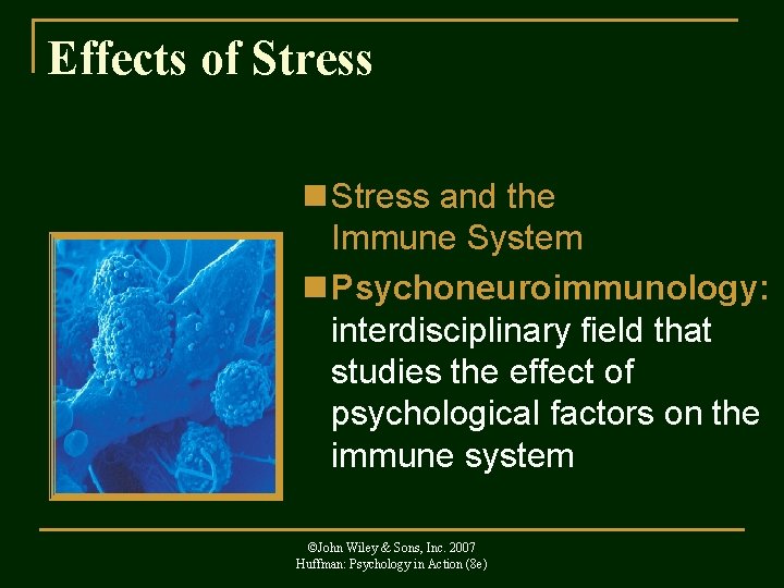 Effects of Stress n Stress and the Immune System n Psychoneuroimmunology: interdisciplinary field that