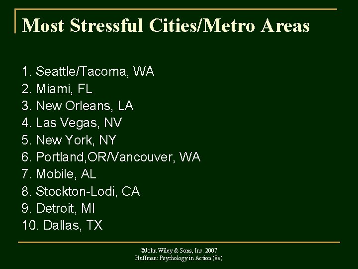 Most Stressful Cities/Metro Areas 1. Seattle/Tacoma, WA 2. Miami, FL 3. New Orleans, LA