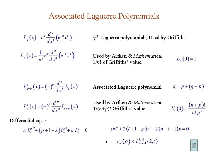 Associated Laguerre Polynomials qth Laguerre polynomial ; Used by Griffiths. Used by Arfken &