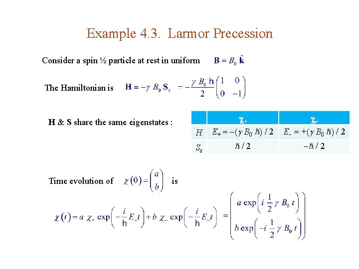 Example 4. 3. Larmor Precession Consider a spin ½ particle at rest in uniform