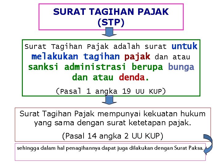SURAT TAGIHAN PAJAK (STP) Surat Tagihan Pajak adalah surat untuk melakukan tagihan pajak dan