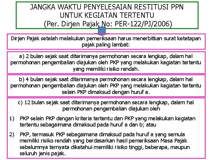 JANGKA WAKTU PENYELESAIAN RESTITUSI PPN UNTUK KEGIATAN TERTENTU (Per. Dirjen Pajak No: PER-122/PJ/2006) Dirjen