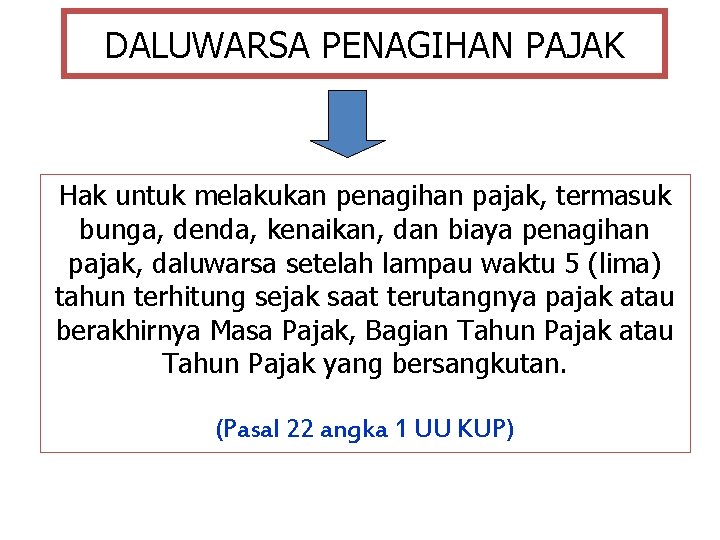DALUWARSA PENAGIHAN PAJAK Hak untuk melakukan penagihan pajak, termasuk bunga, denda, kenaikan, dan biaya