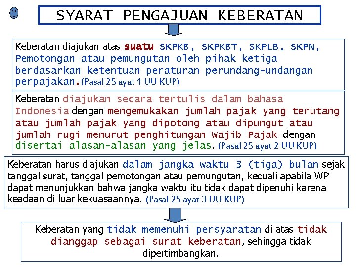 SYARAT PENGAJUAN KEBERATAN Keberatan diajukan atas suatu SKPKB, SKPKBT, SKPLB, SKPN, Pemotongan atau pemungutan