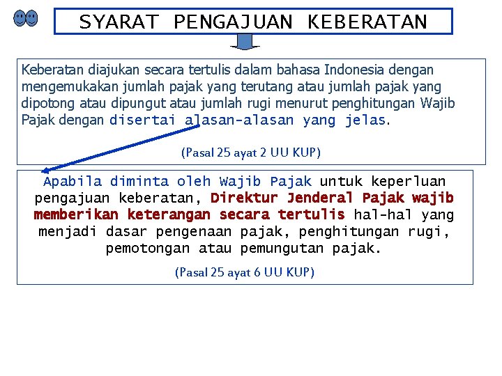 SYARAT PENGAJUAN KEBERATAN Keberatan diajukan secara tertulis dalam bahasa Indonesia dengan mengemukakan jumlah pajak