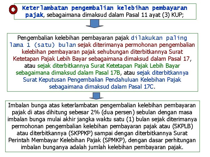 Keterlambatan pengembalian kelebihan pembayaran pajak, sebagaimana dimaksud dalam Pasal 11 ayat (3) KUP; Pengembalian