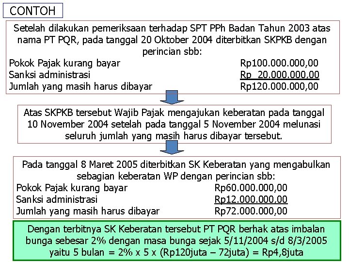 CONTOH Setelah dilakukan pemeriksaan terhadap SPT PPh Badan Tahun 2003 atas nama PT PQR,