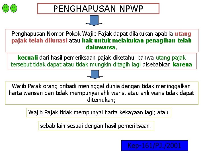 PENGHAPUSAN NPWP Penghapusan Nomor Pokok Wajib Pajak dapat dilakukan apabila utang pajak telah dilunasi