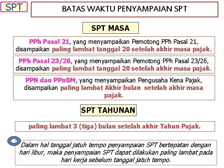 SPT BATAS WAKTU PENYAMPAIAN SPT MASA PPh Pasal 21, yang menyampaikan Pemotong PPh Pasal