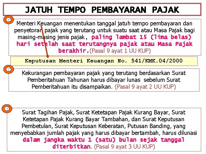 JATUH TEMPO PEMBAYARAN PAJAK Menteri Keuangan menentukan tanggal jatuh tempo pembayaran dan penyetoran pajak