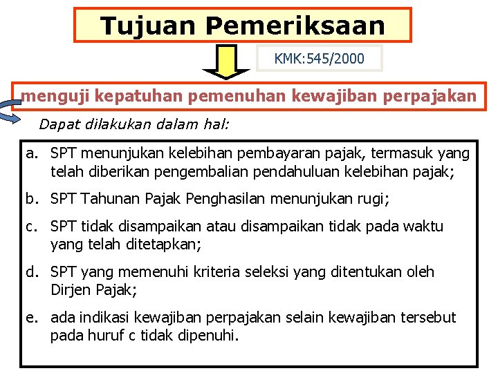 Tujuan Pemeriksaan KMK: 545/2000 menguji kepatuhan pemenuhan kewajiban perpajakan Dapat dilakukan dalam hal: a.