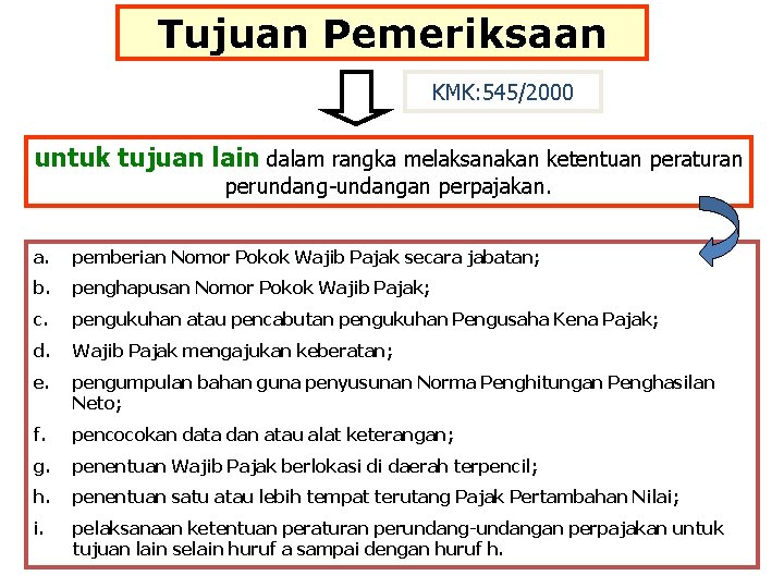 Tujuan Pemeriksaan KMK: 545/2000 untuk tujuan lain dalam rangka melaksanakan ketentuan peraturan perundang-undangan perpajakan.