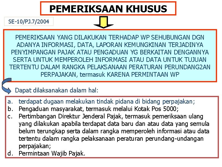 PEMERIKSAAN KHUSUS SE-10/PJ. 7/2004 PEMERIKSAAN YANG DILAKUKAN TERHADAP WP SEHUBUNGAN DGN ADANYA INFORMASI, DATA,
