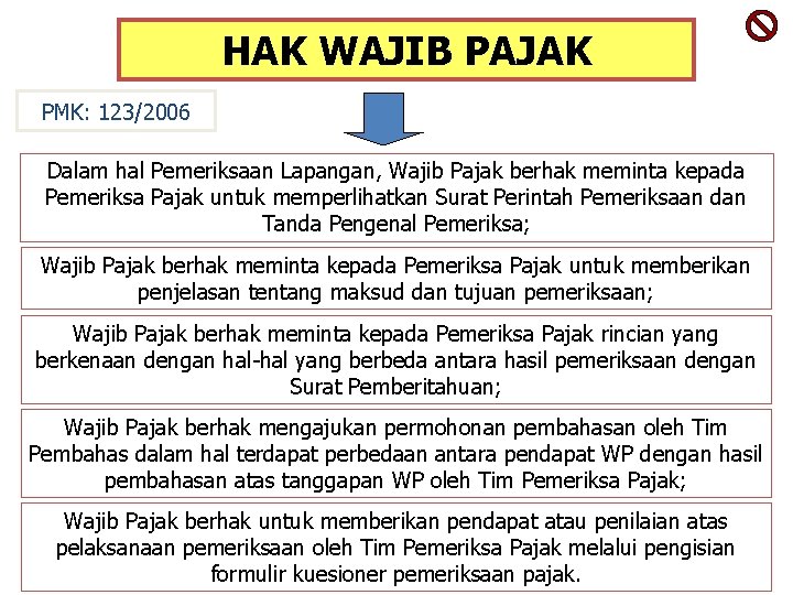 HAK WAJIB PAJAK PMK: 123/2006 Dalam hal Pemeriksaan Lapangan, Wajib Pajak berhak meminta kepada