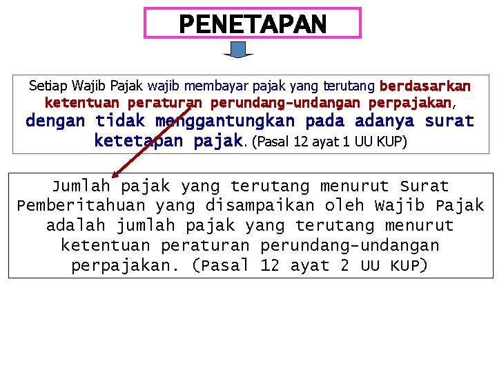 PENETAPAN Setiap Wajib Pajak wajib membayar pajak yang terutang berdasarkan ketentuan peraturan perundang-undangan perpajakan,