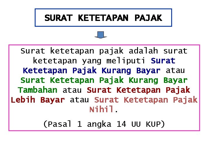 SURAT KETETAPAN PAJAK Surat ketetapan pajak adalah surat ketetapan yang meliputi Surat Ketetapan Pajak